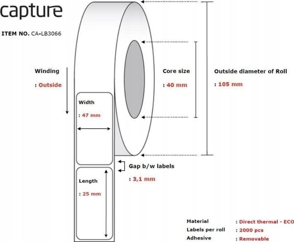 Capture - Permanet adhesiv - ubelagt - hvit - 47 x 25 mm 24000 etikett(er) (12 rull(er) x 2000) boks - merkelapper