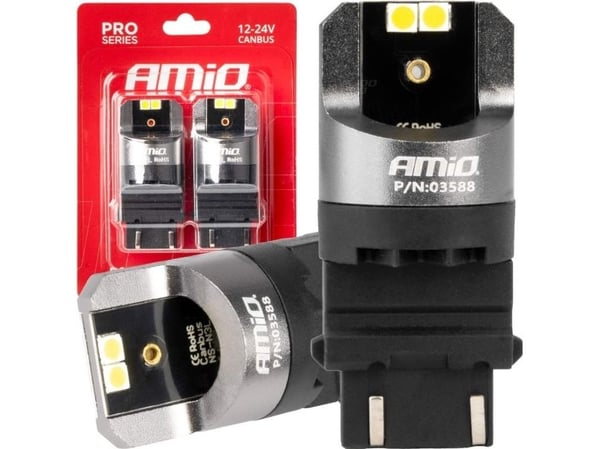 AMiO LED-pærer Canbus Pro-serie 3157 p27/7w 4x3030 SMD hvit 12/24V AMiO-03588