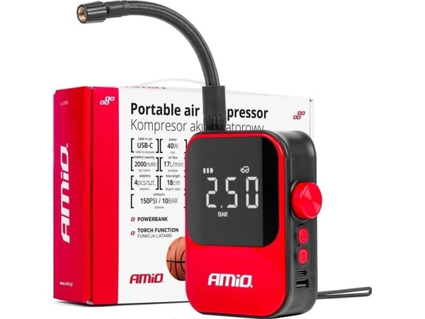 BILKOMPRESSOR AMiO trådløs, elektrisk pumpe til sykkel, powerbank 40 W, acomp-20 AMIO-03690