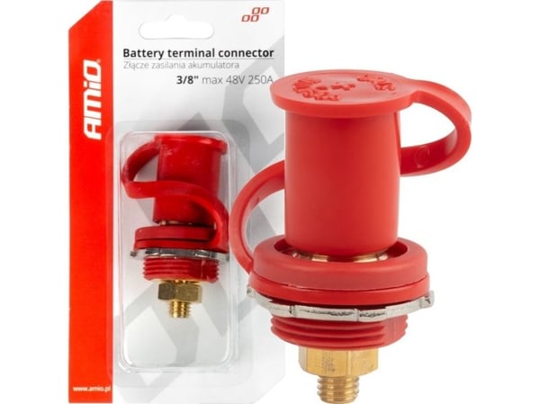 AMiO strømtilkoblingskontakt for batteri rød pluss med plugg 3/8 m10 12V 24V 48V 250A amio-03814