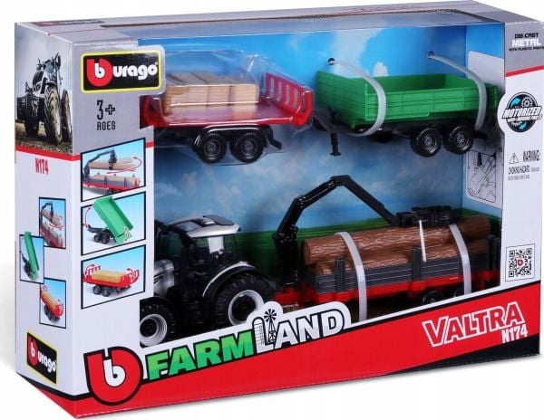 Bburago BBU traktor Valtra N174+3 tilhengere 10 cm 31704