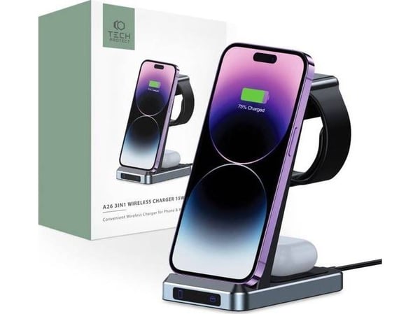 Tech-Protect QI15W-A26 induktiv laddare 15W 3-i-1 för smartphone / hörlurar / Apple Watch - svart