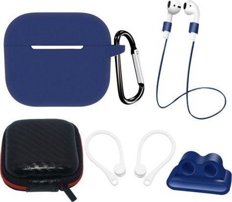 AirPods 3 silikonetui-sett + etui/øre-krok/halsrem/holder til stropp/karabinkrok - blå