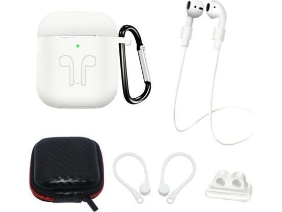 Silicon set för AirPods 2 / AirPods 1 + fodral / öronkrok / halsrem / hållare för armbandsur / karbinhake - vit