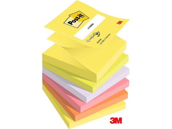 Post-it Z-Notes Neon, sateenkaaren värit, 76 x 76 mm, 100 arkkia per lehtiö, 6 kpl
