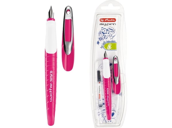 Herlitz skole fyllepenn my.pen L-spiss rosa/hvit - rosa - hvit - patronfyllingssystem - blå - gummi - rustfritt stål - venstrehendt (50046812)