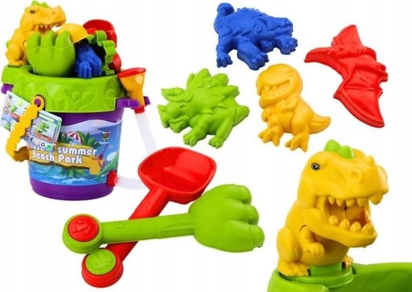 LeanToys sandlekesett med bøtte, dusj, vannkanne og former – dinosaurer