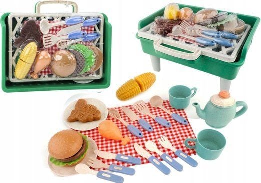 LeanToys grillsett til lek: grillmat, bestikk, tallerkener, fat og kopper