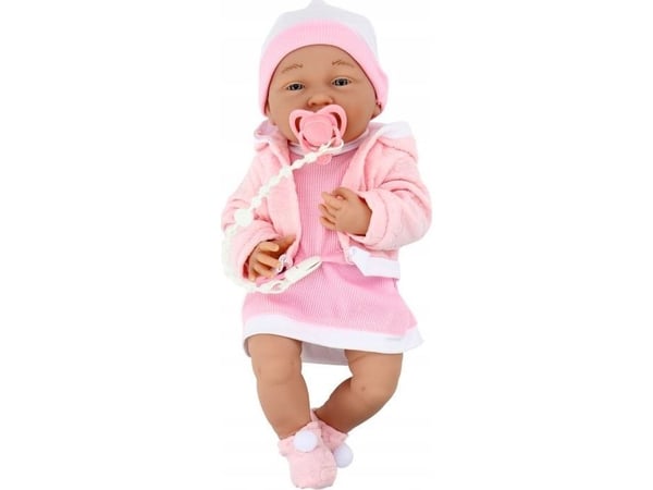 LeanToys dukke baby med smokk, kjole, lue og rosa teppe, 35 cm