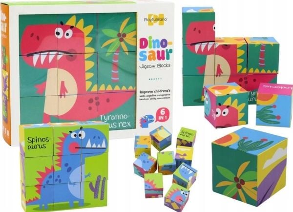LeanToys pedagogiske puslespill 6-i-1 klosser/byggesett kuber 6 bilder dinosaurer 9 el.