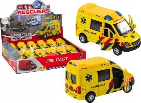 LeanToys ambulans 1:32 med öppningsbara dörrar, ljus och ljud, gul