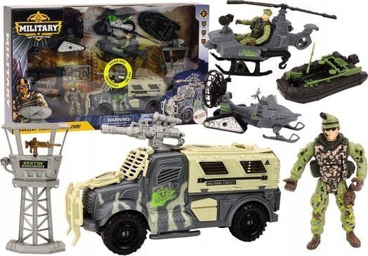 LeanToys militært sett: militær kampvogn, helikopter, soldater, tilbehør/lyder