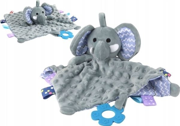 LeanToys elefant mjukis plyschfilt med kant, tugg- och skallrande