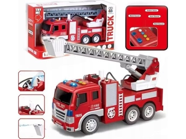 LeanToys brannbil med stige 1:16 lys, lyder, vann, batteridrevet rød