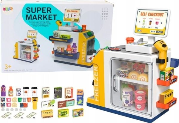LeanToys supermarked kasse, fiskal skanner, lys og lyder