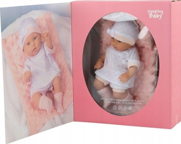 LeanToys babydokkedukke i hvit pysjamas med lue og kosedyne/pute