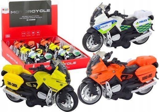 LeanToys sportmotorsykkel med skjerm/fender, 3 mønstre gul oransje hvit LeanToys sportmotorsykkel med skjerm/fender, 3 mønstre gul oransje hvit