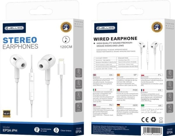 Jellico JELLICO EP3A Lightning kablede hodetelefoner med 1,2M mikrofon Hvit standard