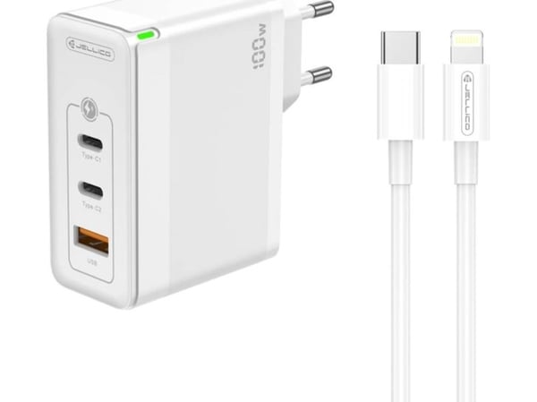 Jellico nettlader C118 100W GaN 1x QC3.0 USB + 2x PD USB-C + USB-C til Lightning-kabel hvit