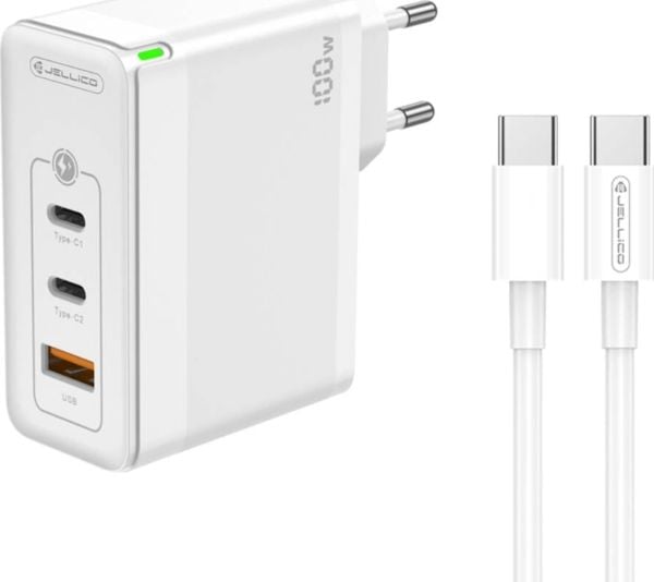 Jellico nettlader GaN 100W 1x QC3.0 USB + 2x PD USB-C C118 + USB-C til USB-C-kabel hvit