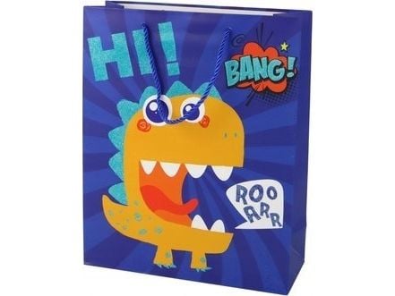 LeanToys gavepose i papir mørk blå dinosaur 41,5 × 30 × 12 cm