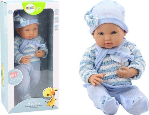 LeanToys dukke Bobas sett med strikkegenser med striper, lue og skjerf blå