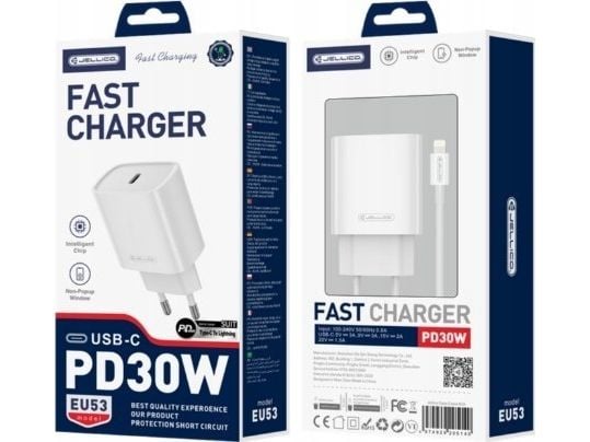 Jellico JELLICO nettlader EU53 PD 30W 1xUSB-C + USB-C til Lightning-kabel hvit