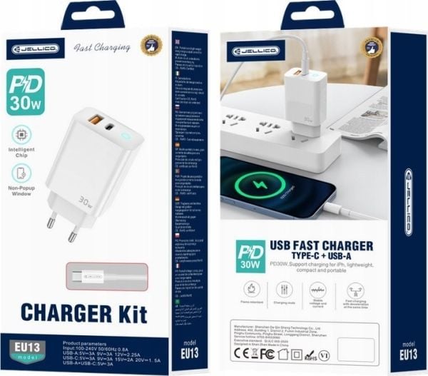 Jellico EU13 GaN-lader 30W (1xUSB-C + 1xUSB QC3.0) med USB-C til USB-C-kabel hvit Jellico EU13 GaN-lader 30W (1xUSB-C + 1xUSB QC3.0) med USB-C til USB-C-kabel hvit