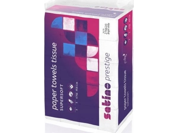 Pappershandduksark Satino Prestige Z-Fold 2-lagers L24xB20,6xD8cm nyfiber vit, 25 pk x 150 st/förp