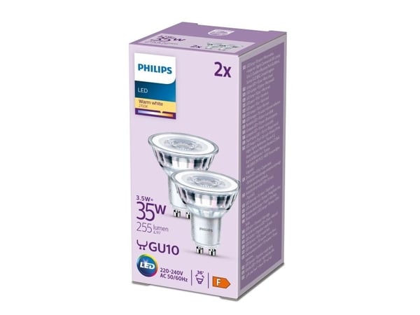 Philips - LED-pære for søkelys - klar finish - GU10 - 3.5 W (ekvivalent 35 W) - klasse F - varmt hvitt lys - 2700 K