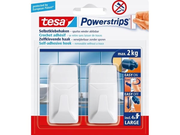 TESA Powerstrips, Innendørs, Håndklekrok, Hvit, Plast, Limstrimmel, 2 kg