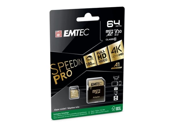 EMTEC SpeedIN' - Flashminnekort (microSDXC til SD-adapter inkludert) - 64 GB - UHS-I U3 / Class10 - 650x - microSDXC