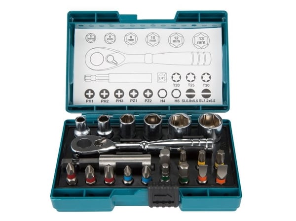 Makita - Screwdriver bit and ratchet set - 21 deler - torx, phillips, pozidriv, hex - 5 mm, 6 mm, 8 mm, 10 mm, 12 mm, 13 mm - lengde: 25 mm