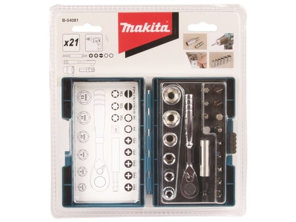 Makita - Screwdriver bit and ratchet set - 21 deler - torx, phillips, pozidriv, hex - 5 mm, 6 mm, 8 mm, 10 mm, 12 mm, 13 mm - lengde: 25 mm