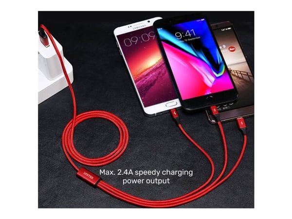 Unitek C4049RD - Data-/strømkabel - USB hann til Micro-USB type B, Lightning, USB-C hann - 1.2 m - svart, rød