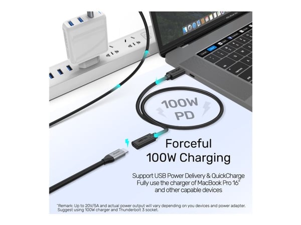 Unitek C14086BK - USB-forlengelseskabel - USB-C (hunn) til USB-C (hann) - USB 3.2 Gen 2 - 20 V - 5 A - 50 cm - flertrådet, USB Power Delivery (100 ...