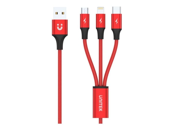 Unitek C4049RD - Data-/strømkabel - USB hann til Micro-USB type B, Lightning, USB-C hann - 1.2 m - svart, rød