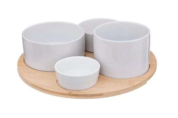 Secret de Gourmet snacksboks-sett med 5 skåler på bambusbrett