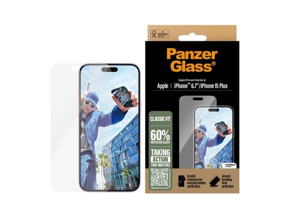 PanzerGlass - Skjermbeskyttelse for mobiltelefon - klassisk passform - glass - for Apple iPhone 15 Plus, 16 Plus