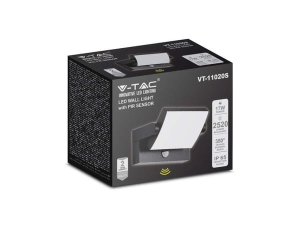 V-tac 17W LED vägglampa utomhus svart 3000K IP65 med rörelsesensor