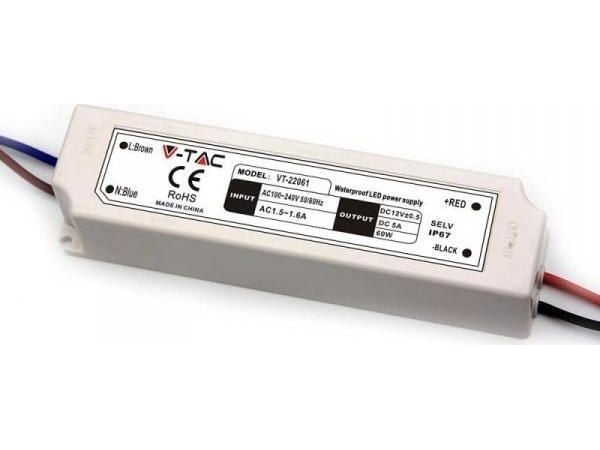 60W strømforsyning V-TAC 12V 5A i plastkapsling IP67