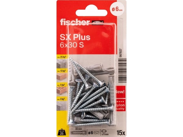 Fischer 567827, Skrue- og veggpluggsett, Lettbetong, Murstein, Betong, Gipsfiberplate, Murverk, Nylon, Grå, Pozidriv, PZ2