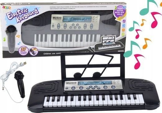 LeanToys elektrisk piano til barn med mikrofonstativ (svart)