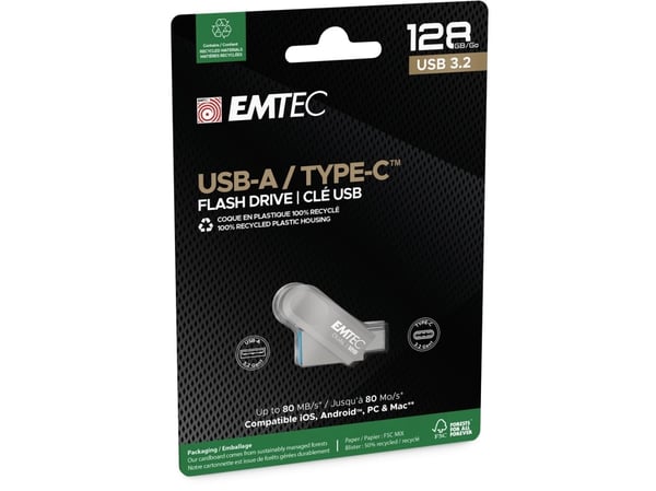 Emtec D280 Dual, 128 GB, USB Type-A / USB Type-C, 3.2 Gen 1 (3.1 Gen 1), Taittuva, Hopea