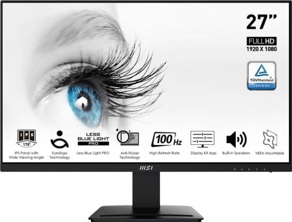 MSI PRO MP273A - LCD-skjerm - 27" - 1920 x 1080 Full HD (1080p) @ 100 Hz - IPS - 300 cd/m² - 1000:1 - 1 ms - HDMI, VGA, DisplayPort - høyttalere