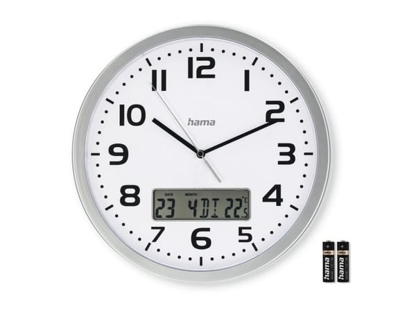Hama 00185878, Vegg, Analog klokke, Rund, Sølv, Hvit, Plast, Glass