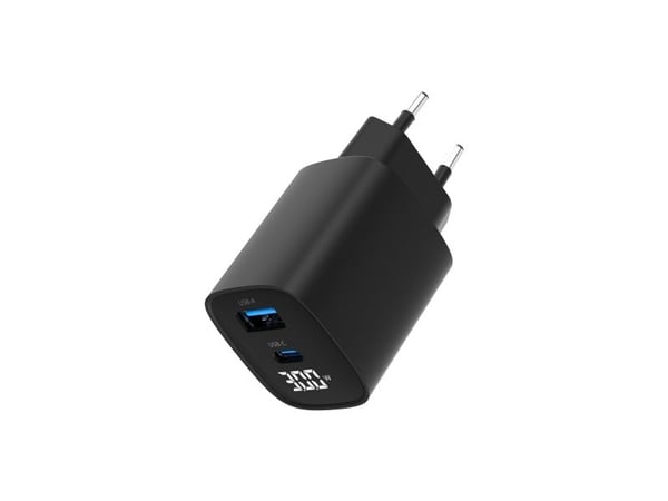 Gembird - Strømadapter - LCD display - 30 watt - 3 A - PD, QC 3.0 - 2 utgangskontakter (USB, USB-C) - svart