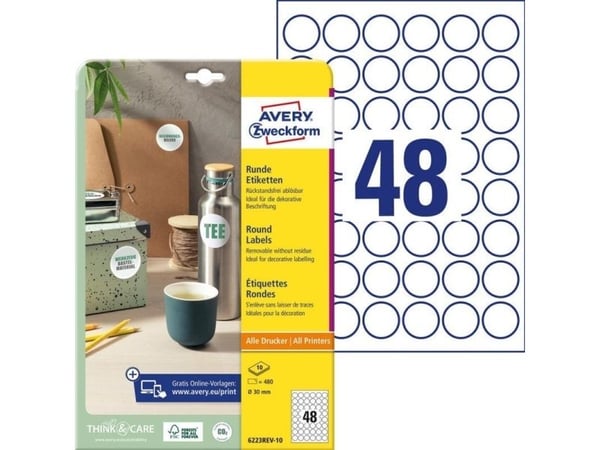 Etiketter Avery Ø30 mm hvid - (10 ark x 48 stk.)