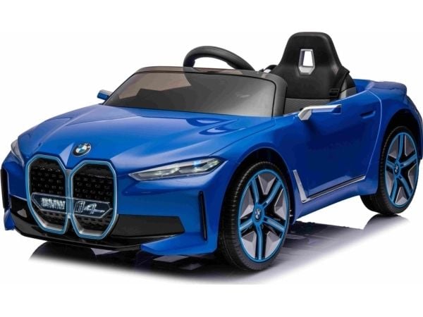 BMW i4 akkuauto lapsille Sininen + Hidas käynnistys + EVA + Eco Leather + LED Audio + Kaukosäädin + Kaukosäädin