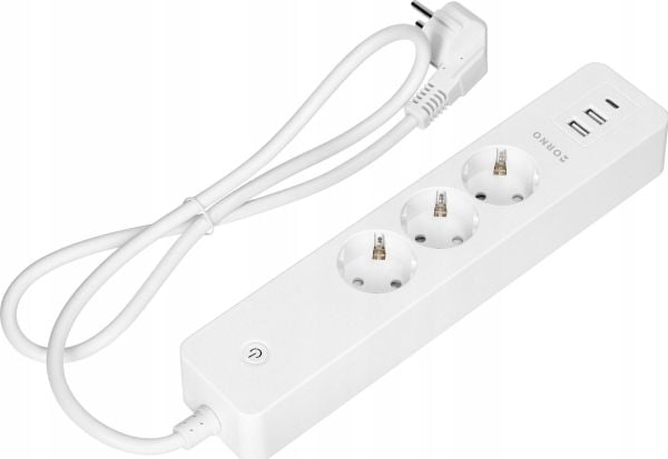Orno Jatkojohto, jossa 3 Schuko-pistorasiaa maadoituksella ja 2xUSB-kytkin, Tuya Smart Wi-Fi, valkoinen